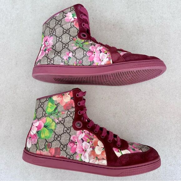 Gucci Coda Bloom GG Monogram High Tops Sneakers Red Suede Floral EU 38.5 US 8.5 - Picture 6 of 10